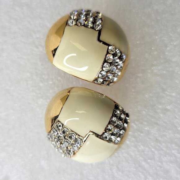 White And Gold Oval Earrings with Clear Crystals Small White Earrings - Picture 5 of 9